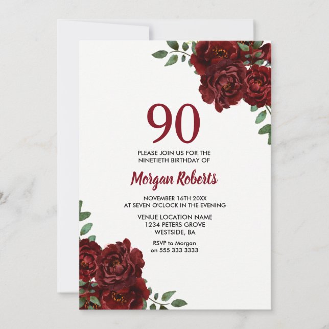 Invitation Romantique Bourgogne Rouge Rose 90e anniversaire I (Devant)