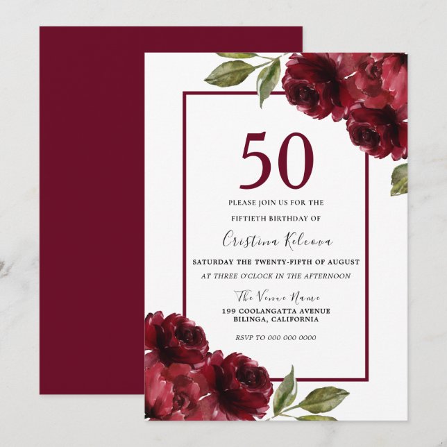Invitation Romantique Bourgogne Rouge Roses 50e fête d'annive (Devant / Derrière)