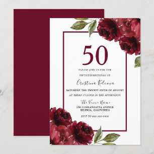 Invitation Romantique Bourgogne Rouge Roses 50e fête d'annive