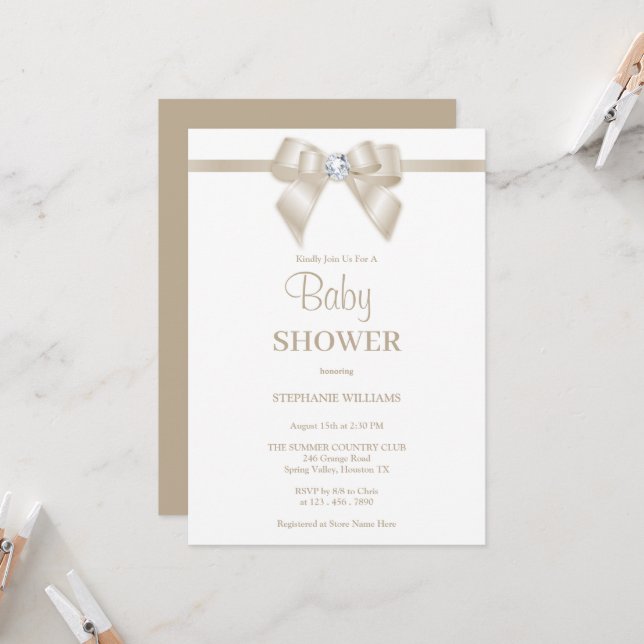 Invitation Romantique Champagne Bijoux Baby shower Bow (Devant/Arrière en situation)
