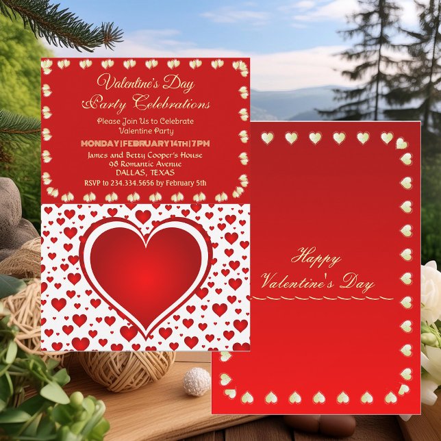 Invitation Romantique Coeurs de pluie rouge Saint Valentin (Romantic Red Raining Hearts Valentine's Day Party Invitation)