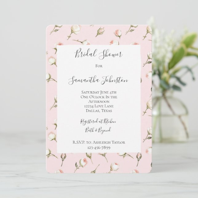 Invitation Romantique Crème rose Rose Fête des mariées floral (Debout devant)