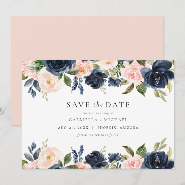 Invitation Romantique & douce Marine Blush Floral Enregistrer (Devant / Derrière)