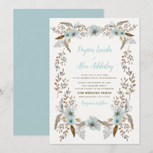 Invitation Romantique Dusty Bleu Brown Boho Fleurs Mariage