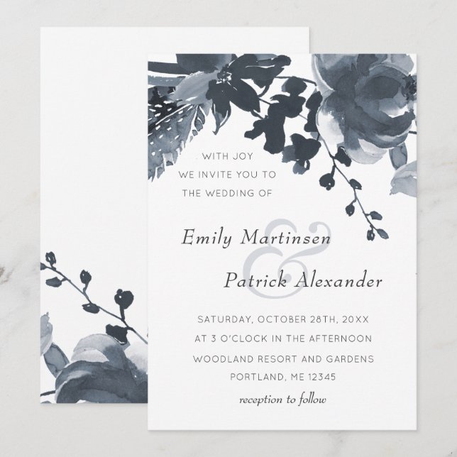 Invitation Romantique Dusty Blue Floral Mariage (Devant / Derrière)