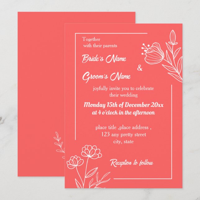 Invitation Romantique élégant corail rose mariage floral (Devant / Derrière)