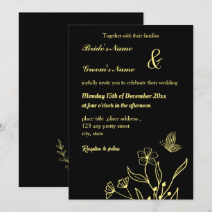 Invitation Romantique élégant papillons en or noir