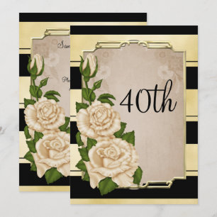 Invitation Romantique Élégant Roses Ivoire Cadre Or 40ème