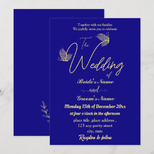 Invitation Romantique élégante fleur d'or bleu royal