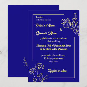 Invitation Romantique élégante fleur d'or bleu royal