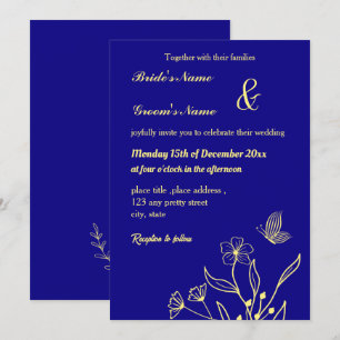 Invitation Romantique élégante fleur d'or bleu royal