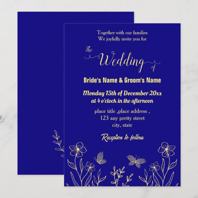 Invitation Romantique élégante fleur d'or bleu royal (Devant / Derrière)