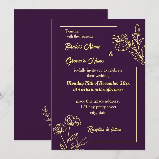 Invitation Romantique élégante fleur d'or violet (Devant / Derrière)