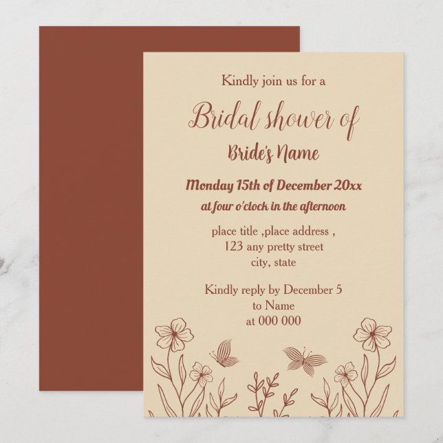 Invitation Romantique élégante terre cuite fleurie douche nup (Devant / Derrière)