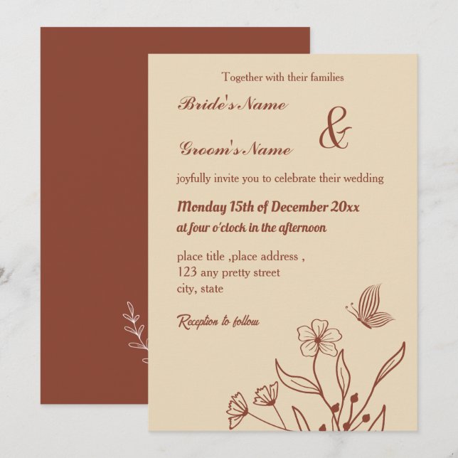 Invitation Romantique élégante terre cuite florale (Devant / Derrière)
