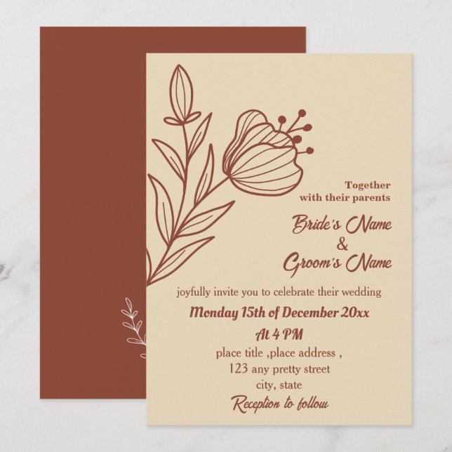 Invitation Romantique élégante terre cuite florale (Devant / Derrière)