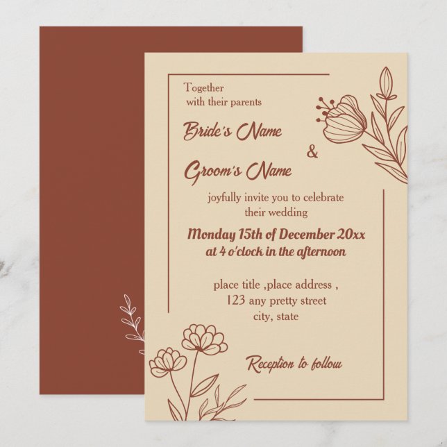 Invitation Romantique élégante terre cuite florale (Devant / Derrière)