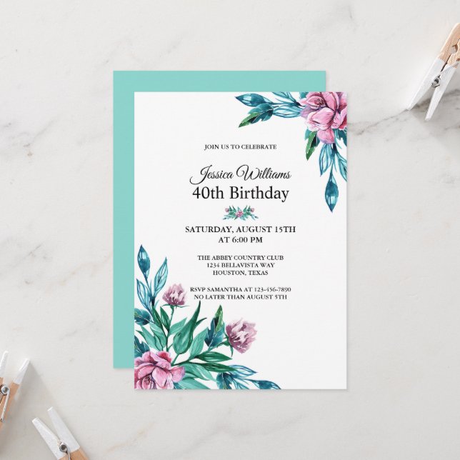 Invitation Romantique Feminine Floral 40e anniversaire (Devant/Arrière en situation)