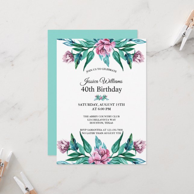 Invitation Romantique Feminine Floral 40e anniversaire (Devant/Arrière en situation)