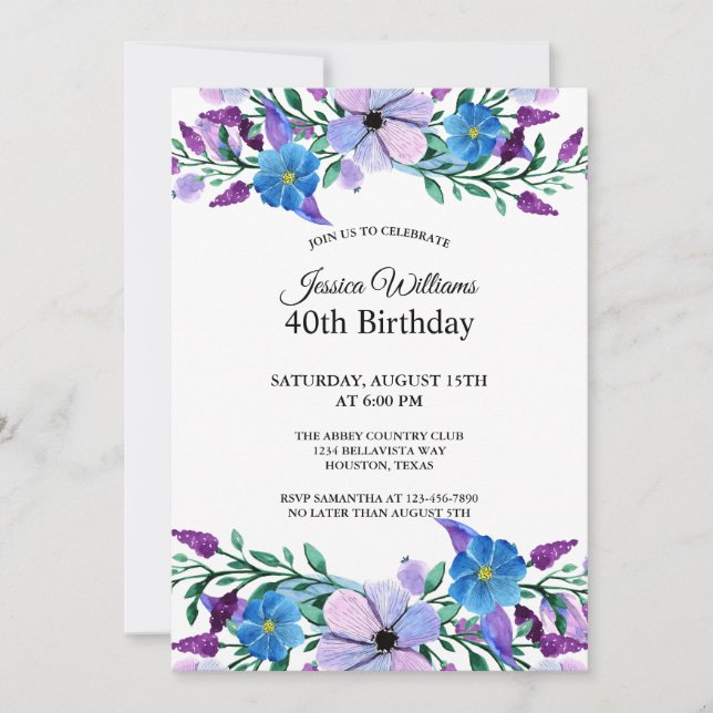 Invitation Romantique Feminine mixte floral 40e anniversaire (Devant)