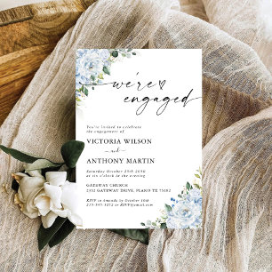 Invitation Romantique Fête de Fiançailles Fleurie Bleu Clair
