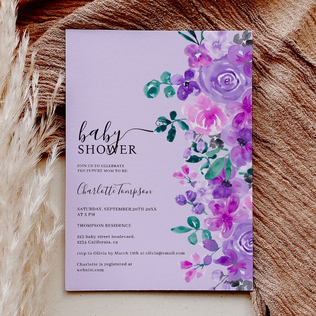 Invitation Romantique fleurs violet lavande baby shower (Romantic purple flowers lavender baby shower invitation on purple)