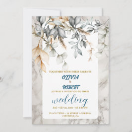 Invitation Romantique floral blanc doux fleurs bleues marbre