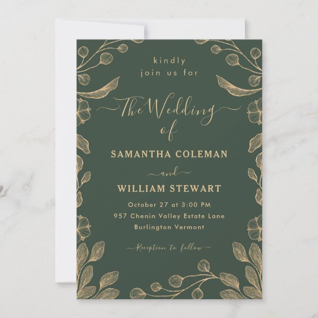 Invitation Romantique Floral Botanique Mariage vert foncé (Devant)