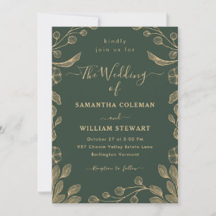 Invitation Romantique Floral Botanique Mariage vert foncé