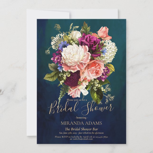 Invitation Romantique Floral Emerald Green Fête des mariées o (Devant)