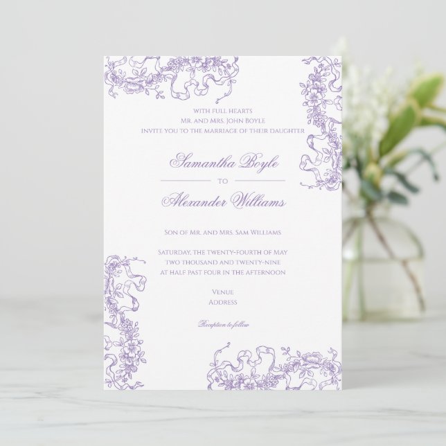 Invitation Romantique Floral Français Rococo Lavender Mariage (Debout devant)