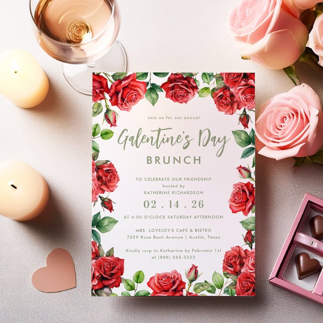 Invitation Romantique Floral Galentine's Day Brunch Roses rou (Créateur téléchargé)