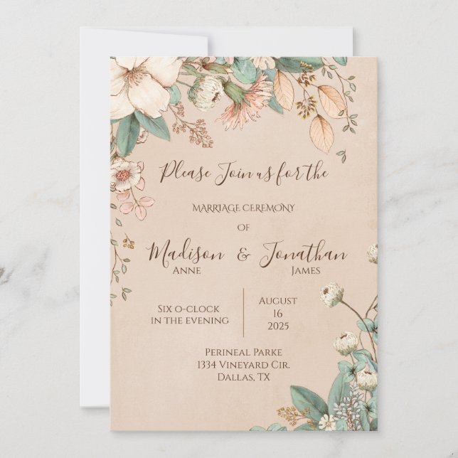Invitation Romantique Floral Script main tiré jolie Mariage (Devant)