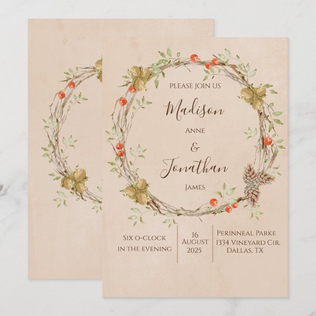 Invitation Romantique Floral Script Wreath Mariage de verdure (Devant / Derrière)