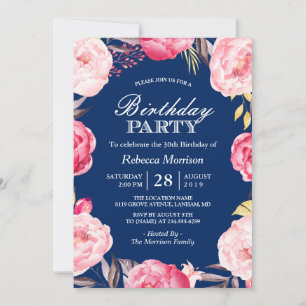 Invitation Romantique Floral Wreath Navy Blue Anniversaire Pa