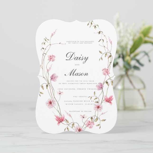 Invitation Romantique Flore douce mariage rose (Debout devant)