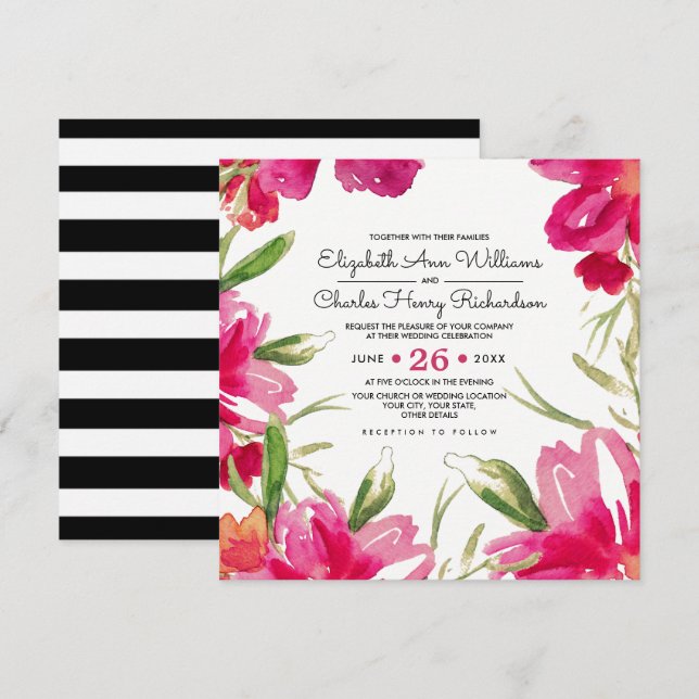 Invitation Romantique Fuchsia Floral Black Stripes Mariage (Devant / Derrière)