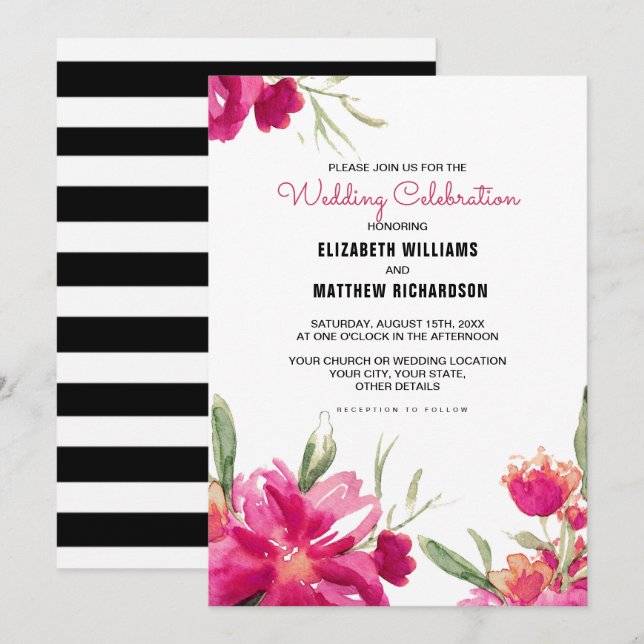 Invitation Romantique Fuchsia Floral Black Stripes Mariage (Devant / Derrière)