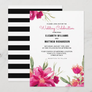Invitation Romantique Fuchsia Floral Black Stripes Mariage