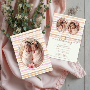 Invitation Romantique Glitter Stripes Jumelles Baptême
