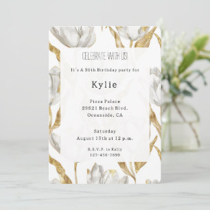 Invitation Romantique Gold White Tulips Floral Anniversaire