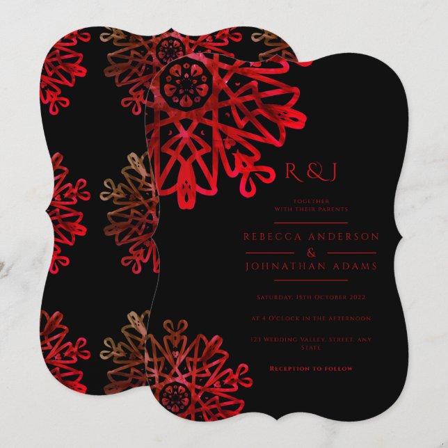 Invitation Romantique Hot Red Motif Mariage ornemental (Devant / Derrière)