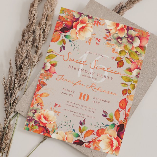 Invitation Romantique Jardin d'automne Floral Sweet 16 Champa (Romantic Fall Garden Floral Sweet 16 Champagne Invitation)
