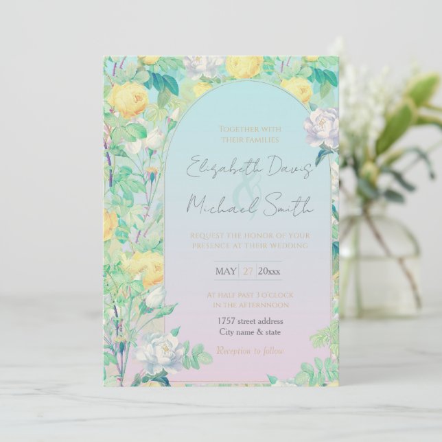 Invitation Romantique Jaune Roses Blanches Design floral (Debout devant)