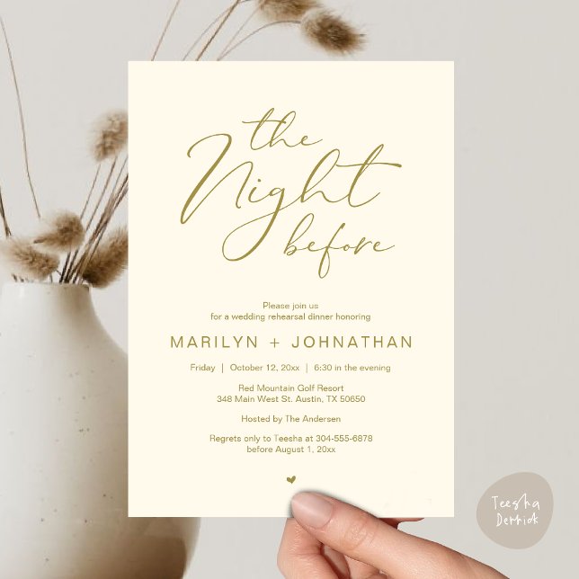 Invitation Romantique La Nuit Avant Le Dîner De Répétition Ma (Romantic The Night Before Modern Wedding Rehearsal Dinner Invitation Card PDF Aesthetic Yellow Gold)