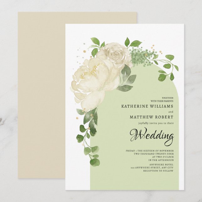 Invitation Romantique Lumière Crème verte Roses Boho Arc Flor (Devant / Derrière)