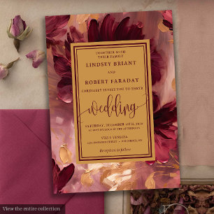 Invitation Romantique Luxe Deep Red Gold Flowers Mariage