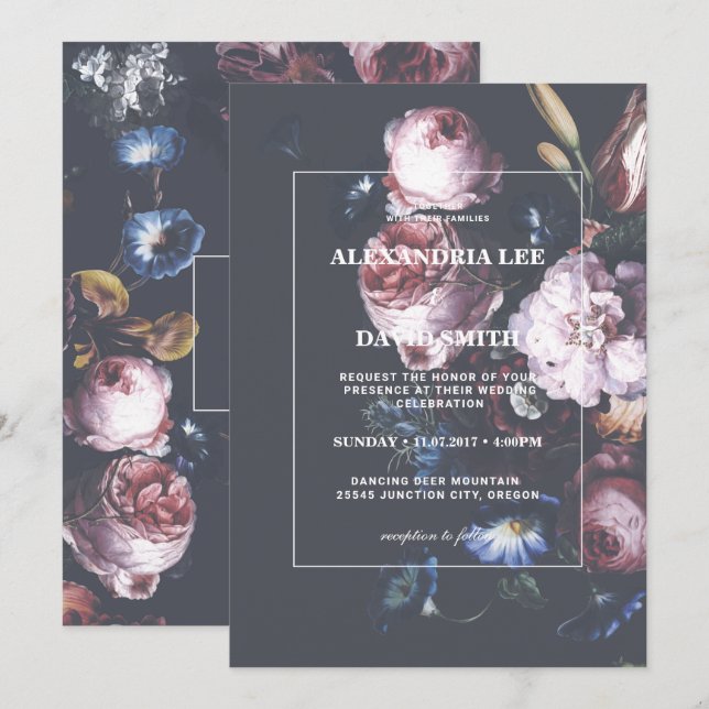 Invitation Romantique Mariage noir Moody Floral rose (Devant / Derrière)