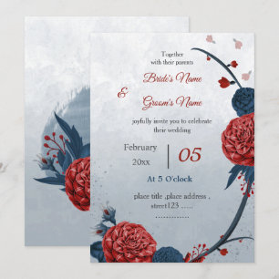Invitation romantique marine et fleurs bordeaux mariage