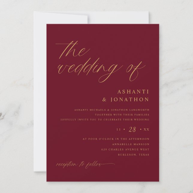 Invitation Romantique Moderne Bourgogne et Mariage d'or (Devant)